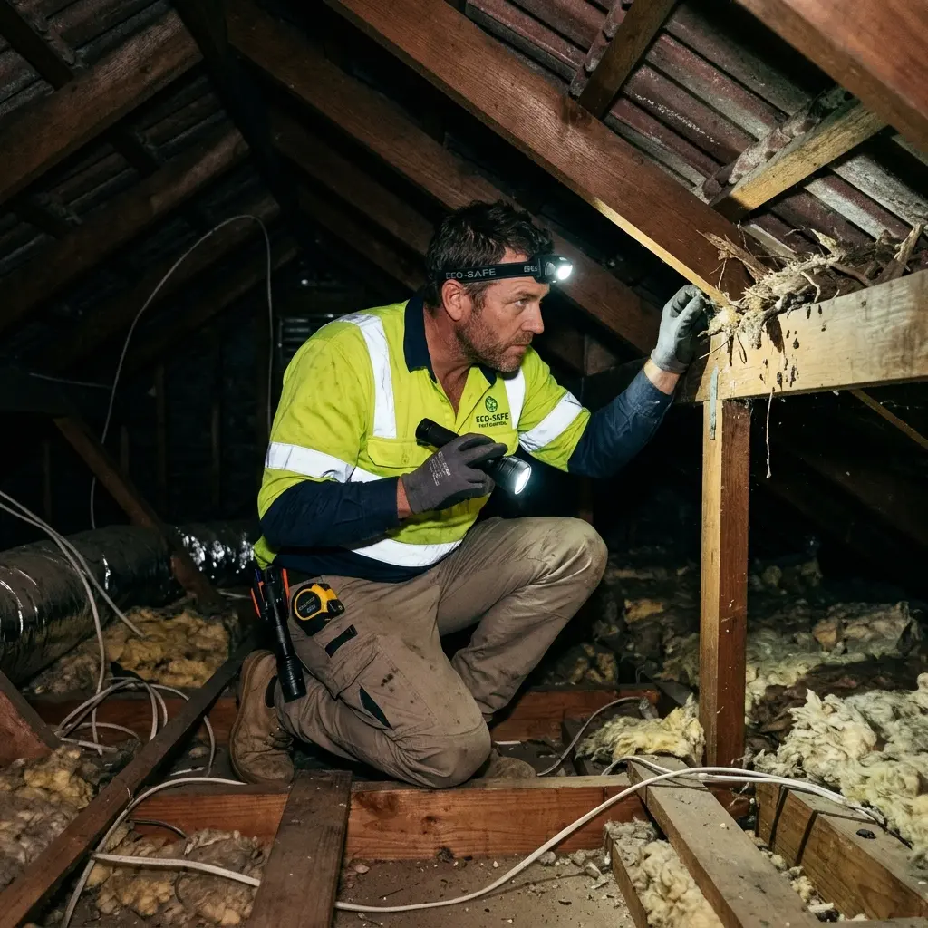 Technician inspecting a roof cavity for a dead animal in Cairnlea