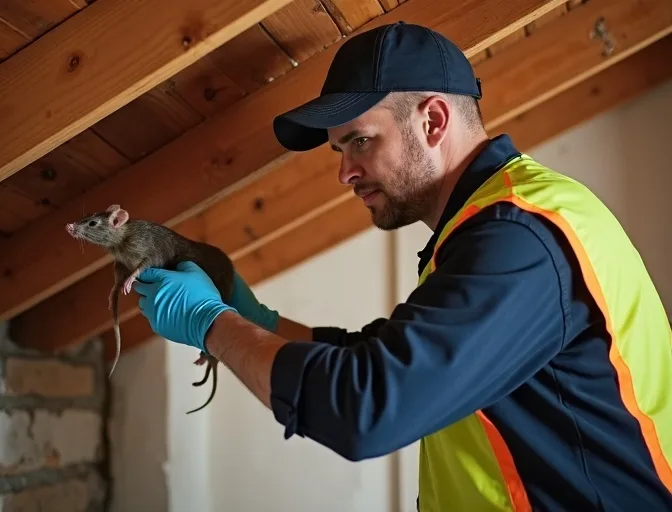 Technician inspecting a roof cavity for a dead rat in Cairnlea